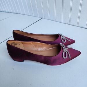 J Crew Womens Flat Size 8 Burgundy Satin Pointy Toe Dress Shoe Crystal Bow Comfy